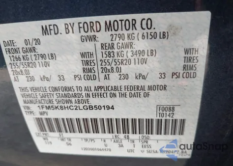 2020 Ford Explorer Platinum из США, поврежденный, VIN 1FM5K8HC2LGB50194